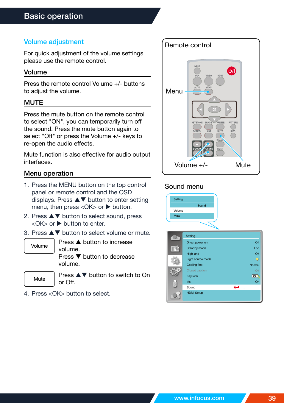 Volume adjustment, Basic operation, 39 sound menu volume adjustment | Volume, Mute, Menu operation, Menu volume +/- mute remote control | InFocus IN1026 Advanced 4200-Lumen WXGA 3LCD Projector User Manual | Page 39 / 131