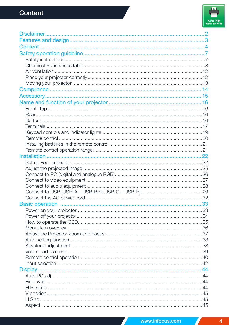 Content | InFocus IN1026 Advanced 4200-Lumen WXGA 3LCD Projector User Manual | Page 4 / 131
