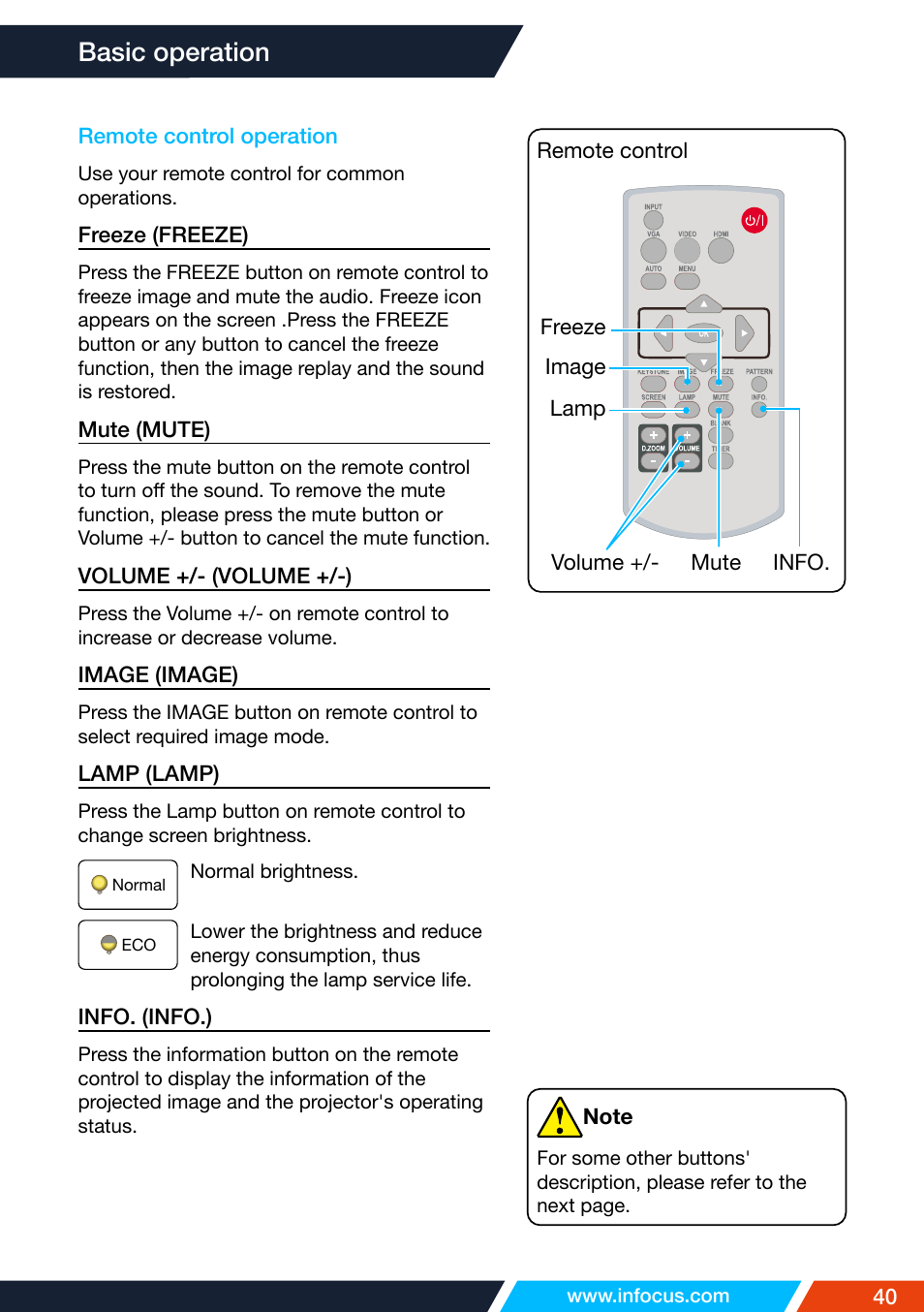 Remote control operation, Basic operation | InFocus IN1026 Advanced 4200-Lumen WXGA 3LCD Projector User Manual | Page 40 / 131