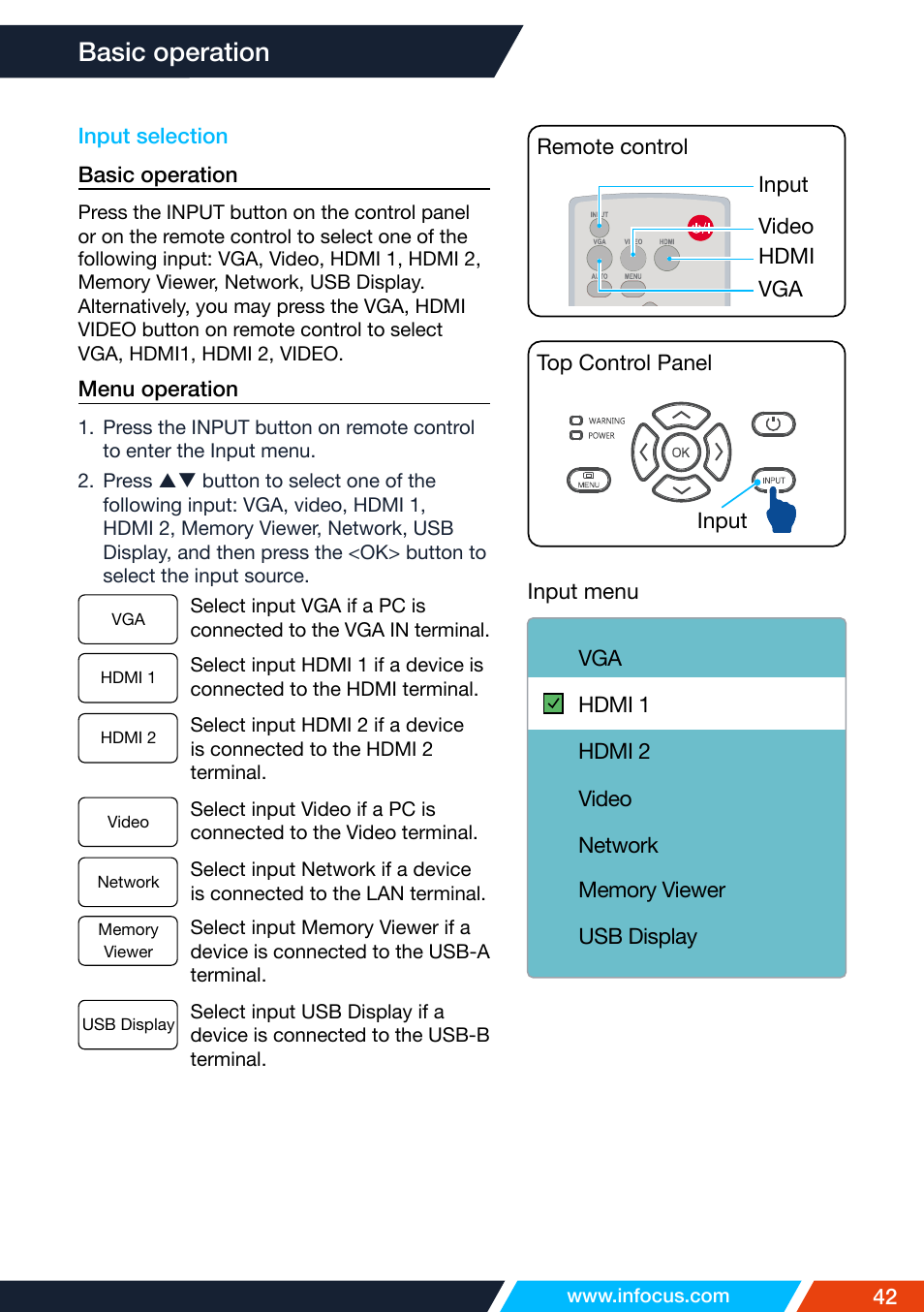 Input selection, Basic operation | InFocus IN1026 Advanced 4200-Lumen WXGA 3LCD Projector User Manual | Page 42 / 131