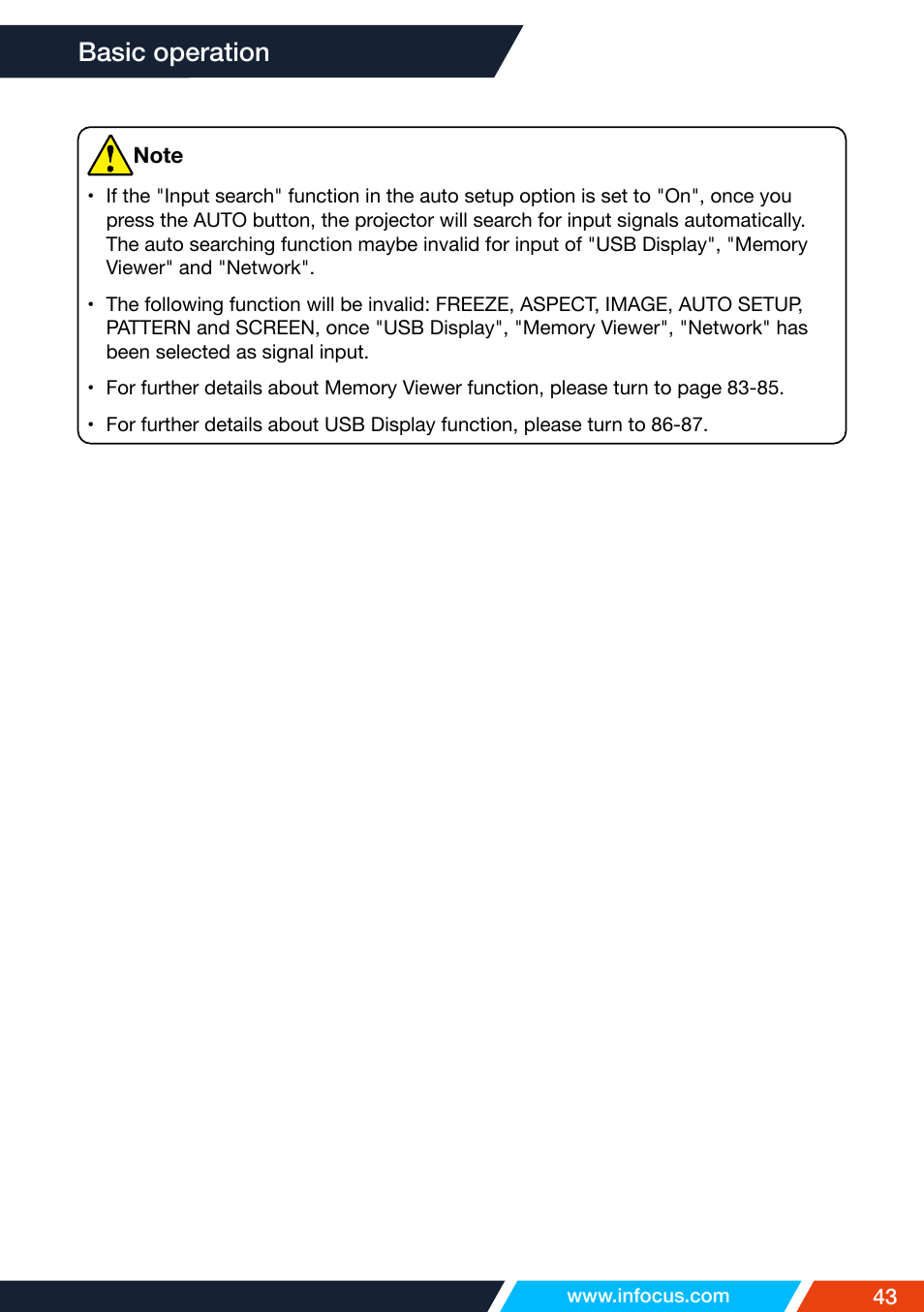 Basic operation | InFocus IN1026 Advanced 4200-Lumen WXGA 3LCD Projector User Manual | Page 43 / 131