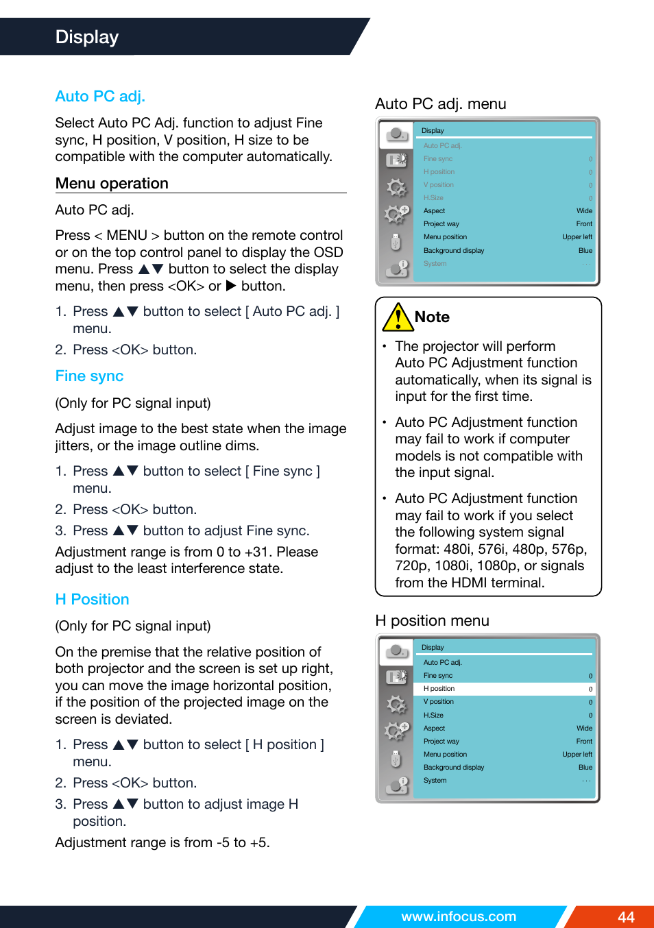 Display, Auto pc adj, Fine sync | H position | InFocus IN1026 Advanced 4200-Lumen WXGA 3LCD Projector User Manual | Page 44 / 131
