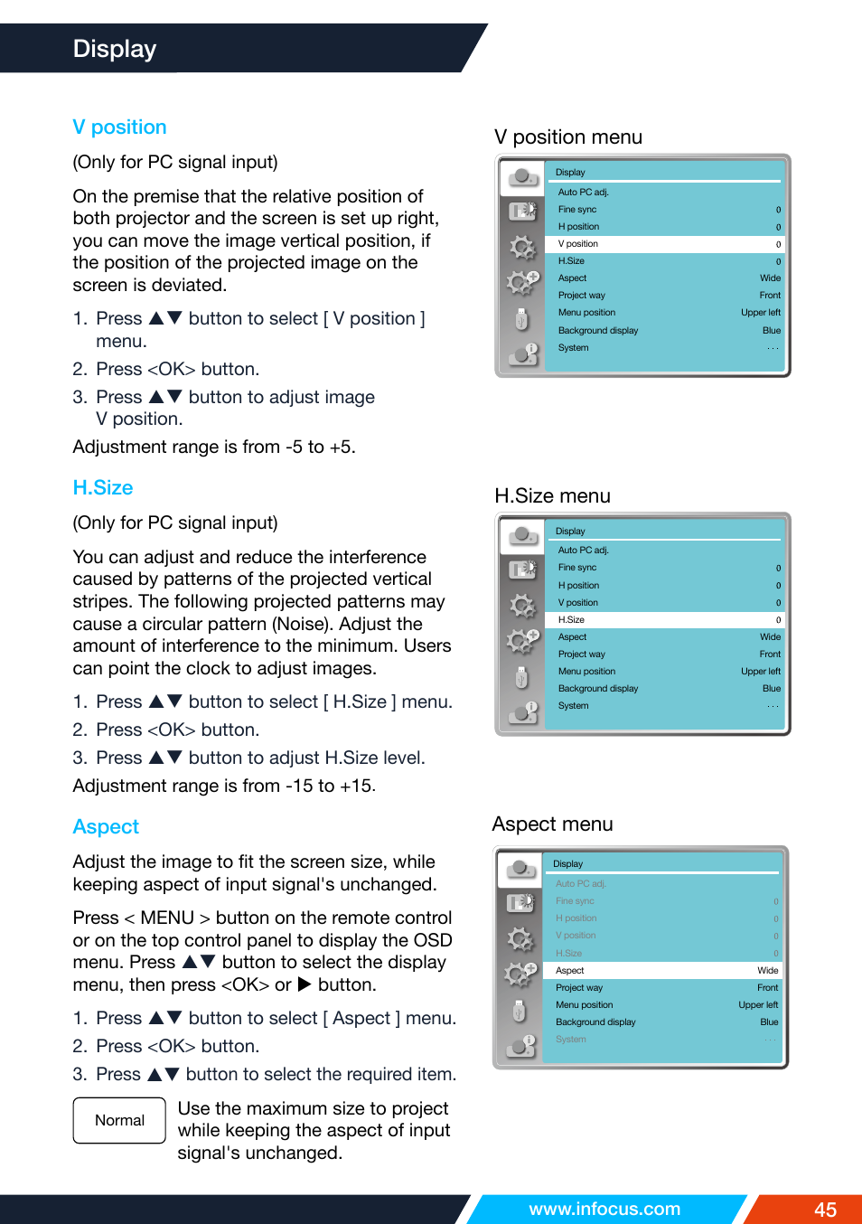 V position, H.size, Aspect | Display, 45 v position, Aspect menu, V position menu, H.size menu | InFocus IN1026 Advanced 4200-Lumen WXGA 3LCD Projector User Manual | Page 45 / 131