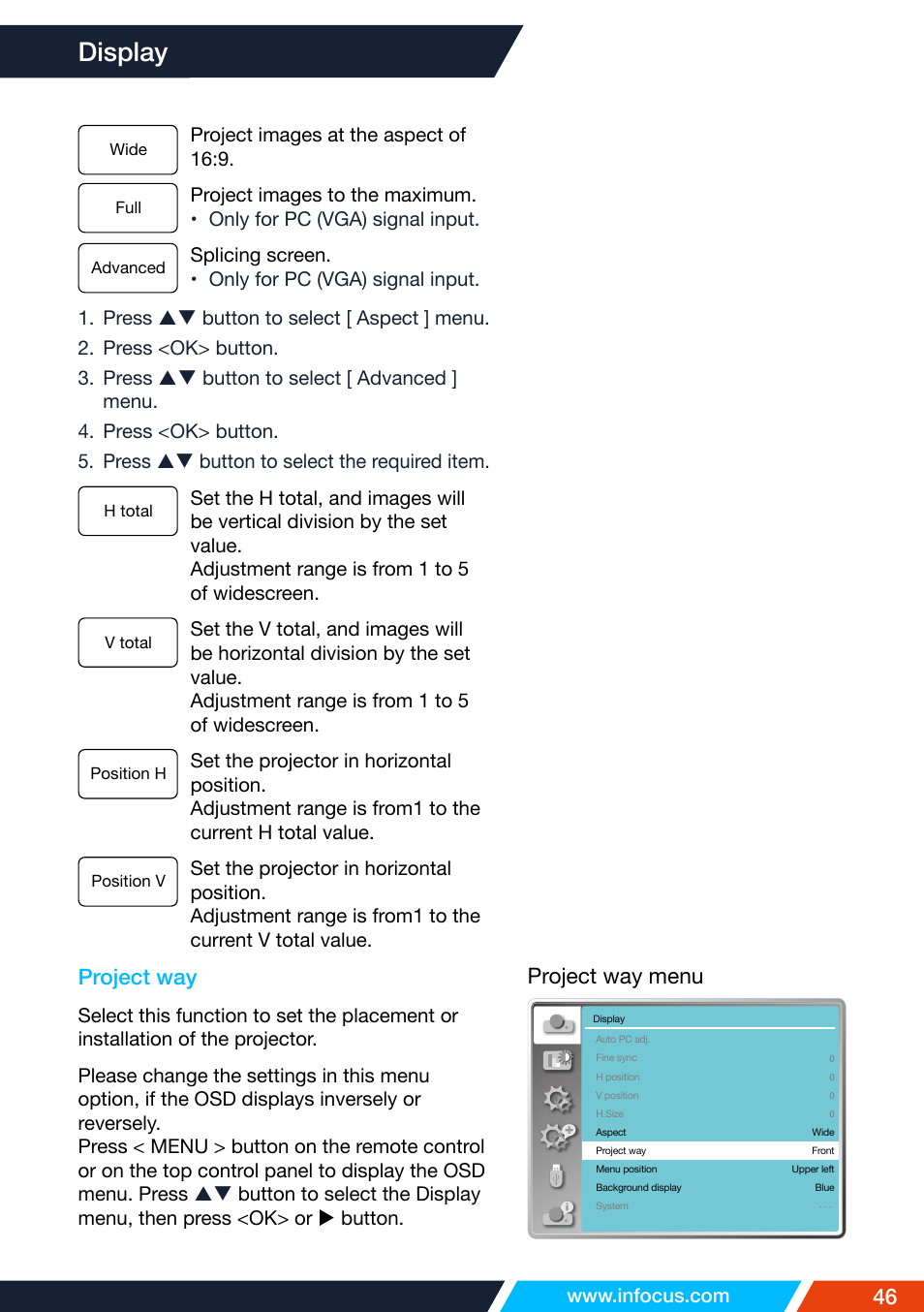 Project way, Display | InFocus IN1026 Advanced 4200-Lumen WXGA 3LCD Projector User Manual | Page 46 / 131