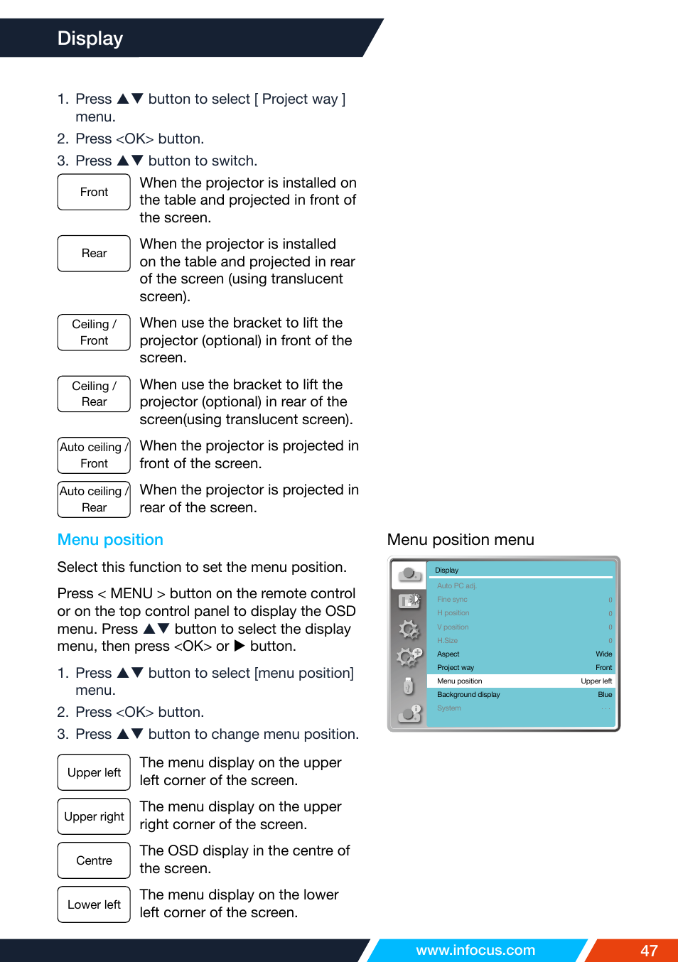 Menu position, Display, Menu position menu | InFocus IN1026 Advanced 4200-Lumen WXGA 3LCD Projector User Manual | Page 47 / 131