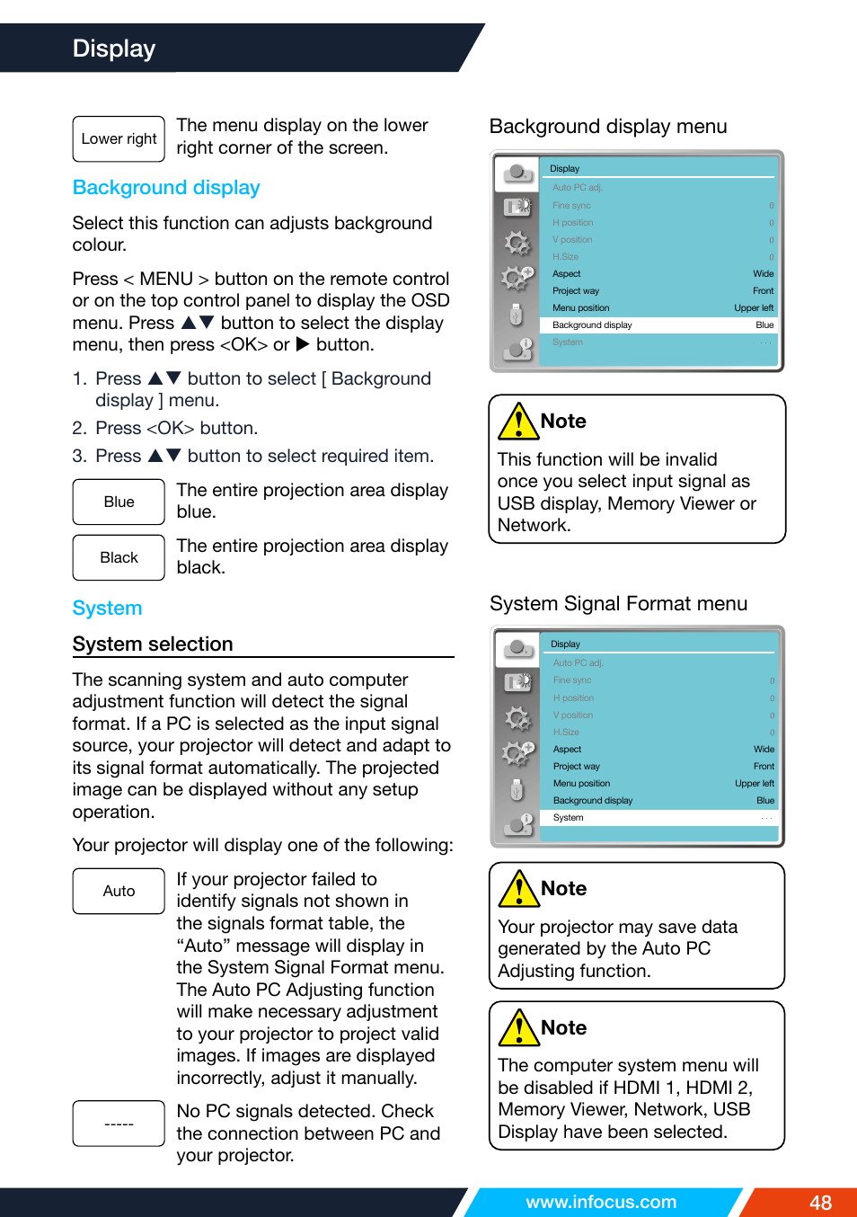 Background display, System, Display | System system selection | InFocus IN1026 Advanced 4200-Lumen WXGA 3LCD Projector User Manual | Page 48 / 131