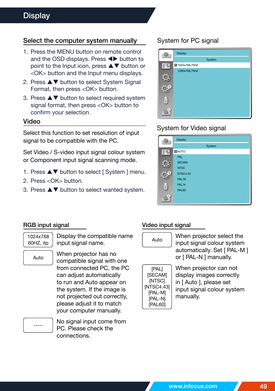 Display | InFocus IN1026 Advanced 4200-Lumen WXGA 3LCD Projector User Manual | Page 49 / 131