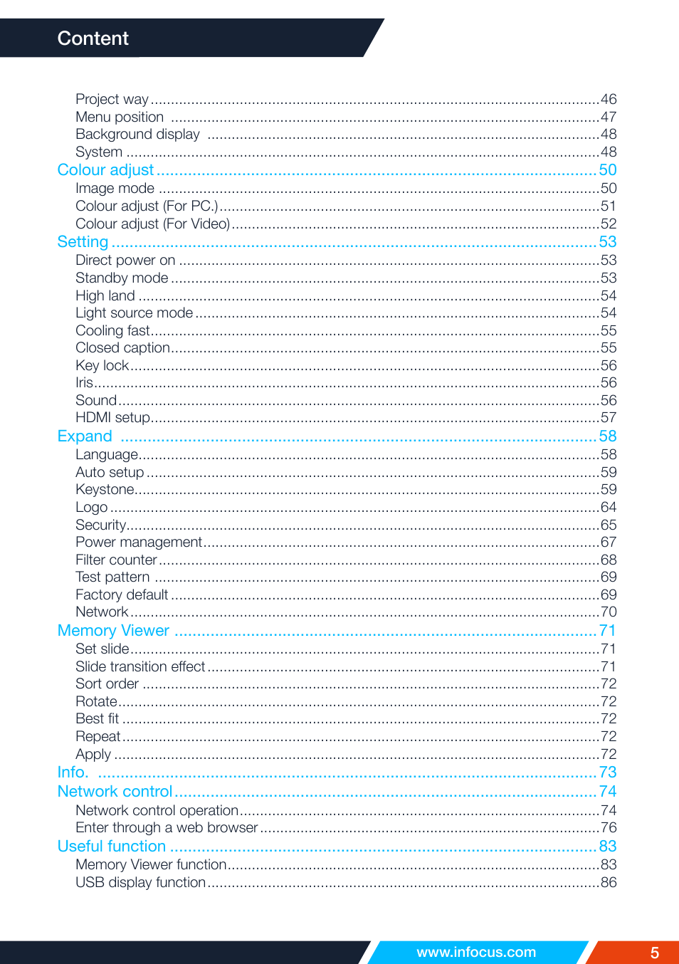 Content | InFocus IN1026 Advanced 4200-Lumen WXGA 3LCD Projector User Manual | Page 5 / 131