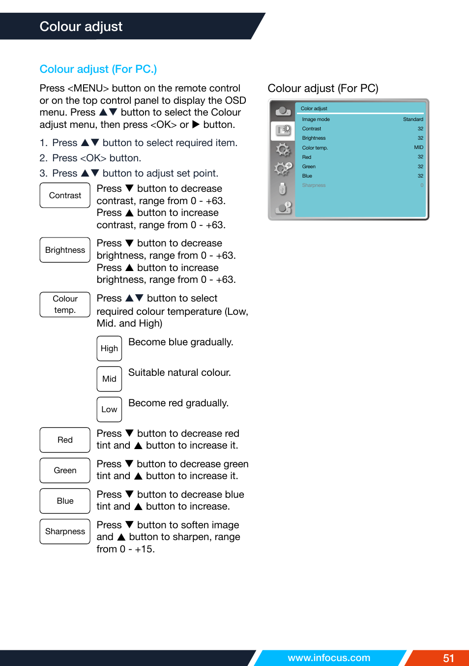 Colour adjust (for pc.), Colour adjust | InFocus IN1026 Advanced 4200-Lumen WXGA 3LCD Projector User Manual | Page 51 / 131