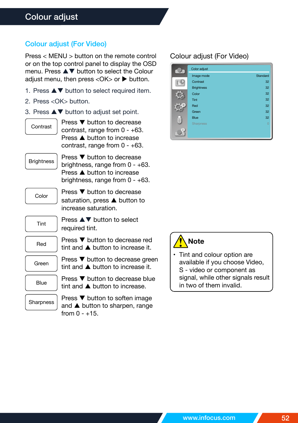 Colour adjust (for video), Colour adjust | InFocus IN1026 Advanced 4200-Lumen WXGA 3LCD Projector User Manual | Page 52 / 131
