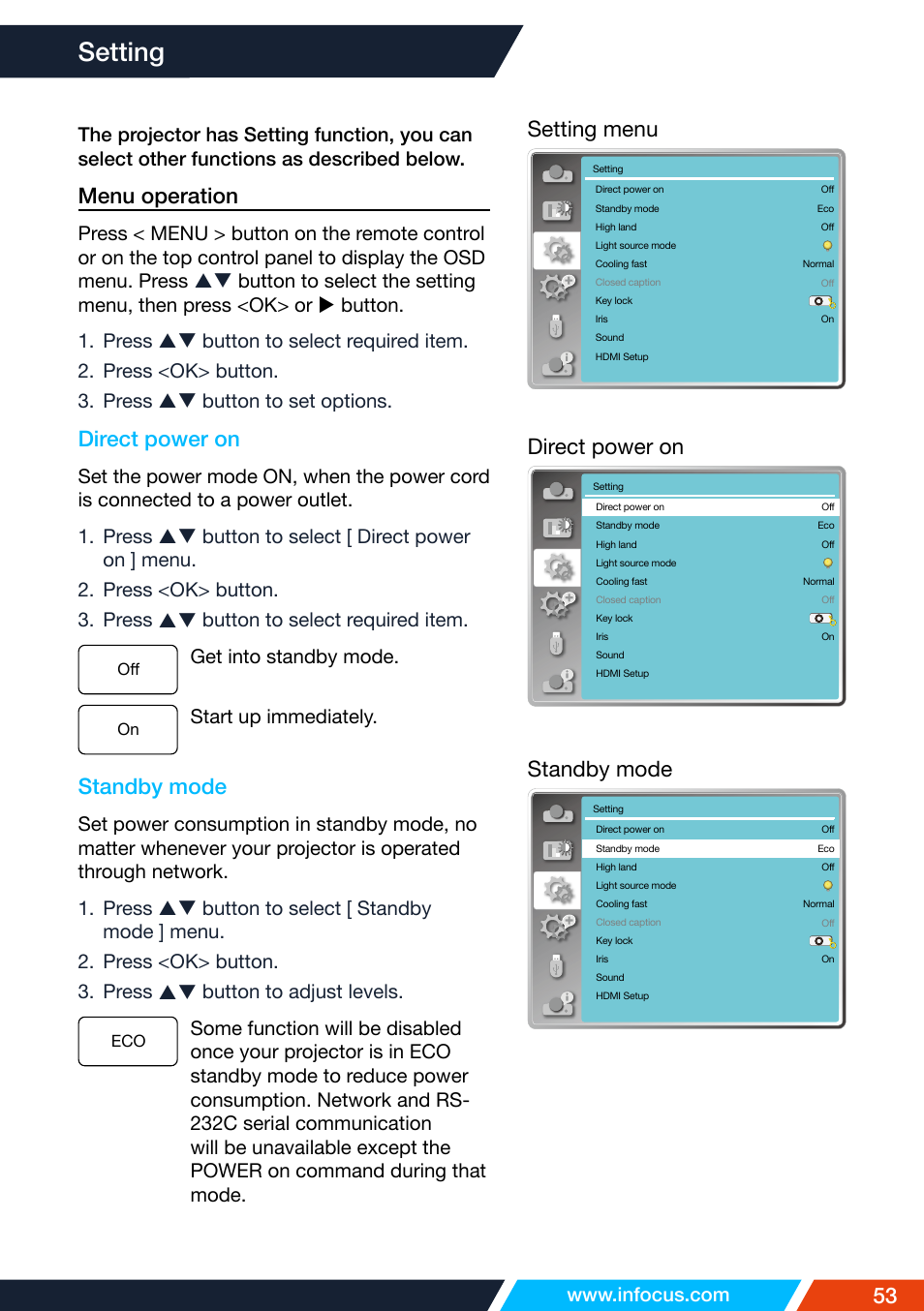 Setting, Direct power on, Standby mode | Menu operation, Setting menu | InFocus IN1026 Advanced 4200-Lumen WXGA 3LCD Projector User Manual | Page 53 / 131