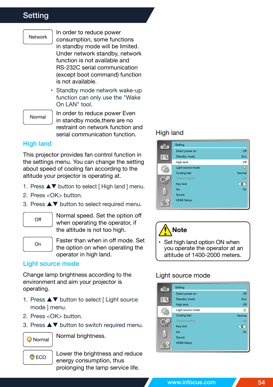 High land, Light source mode, Setting | InFocus IN1026 Advanced 4200-Lumen WXGA 3LCD Projector User Manual | Page 54 / 131