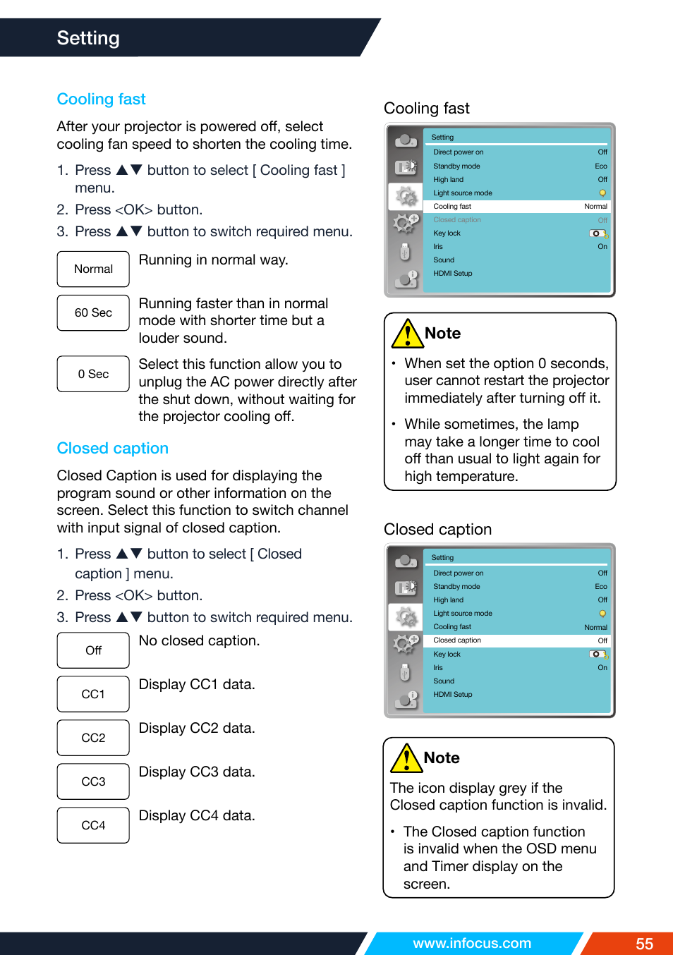 Cooling fast, Closed caption, Setting | InFocus IN1026 Advanced 4200-Lumen WXGA 3LCD Projector User Manual | Page 55 / 131