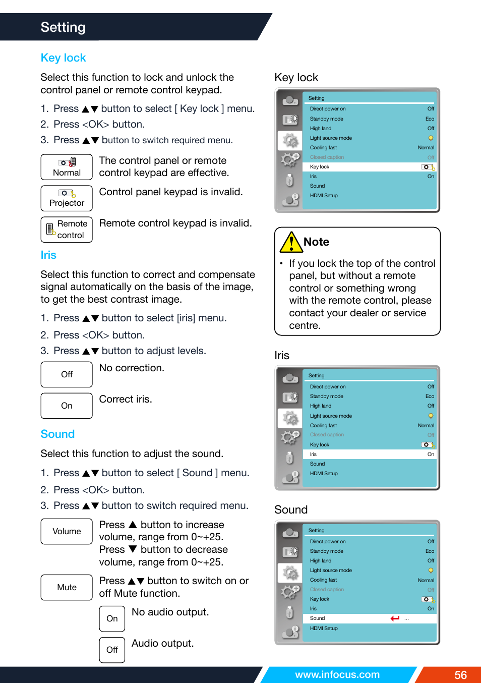 Key lock, Iris, Sound | Setting, 56 key lock | InFocus IN1026 Advanced 4200-Lumen WXGA 3LCD Projector User Manual | Page 56 / 131