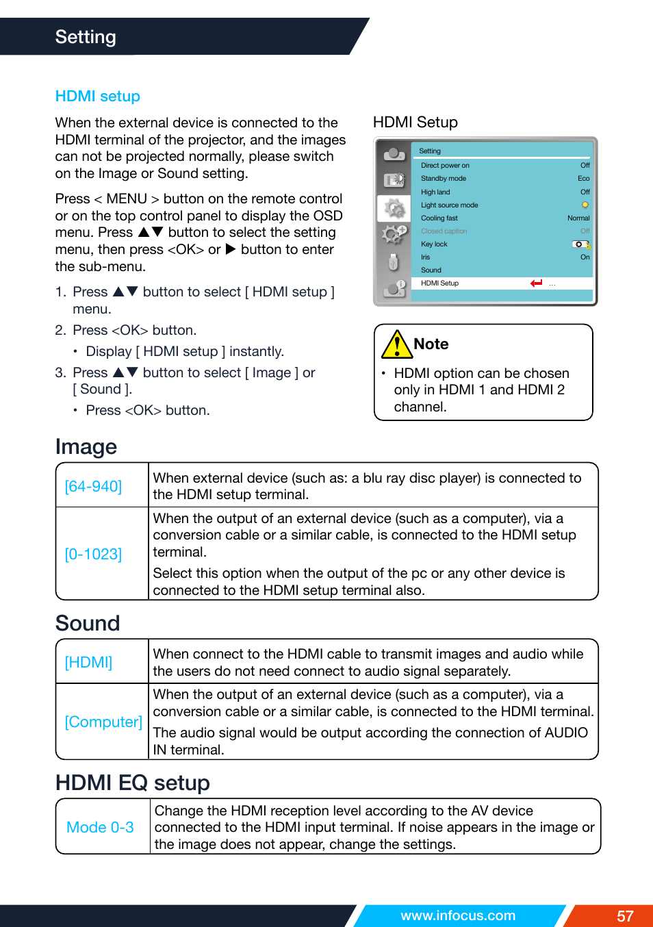 Hdmi setup, Image, Sound | Hdmi eq setup, Setting | InFocus IN1026 Advanced 4200-Lumen WXGA 3LCD Projector User Manual | Page 57 / 131