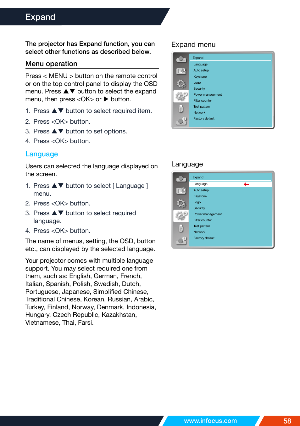 Expand, Language | InFocus IN1026 Advanced 4200-Lumen WXGA 3LCD Projector User Manual | Page 58 / 131