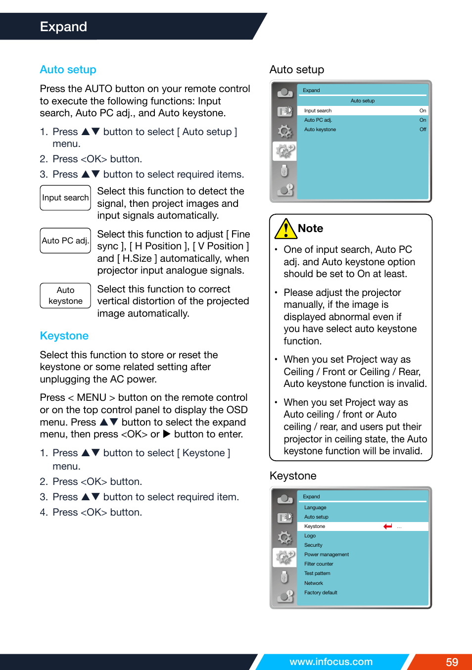 Auto setup, Keystone, Expand | InFocus IN1026 Advanced 4200-Lumen WXGA 3LCD Projector User Manual | Page 59 / 131