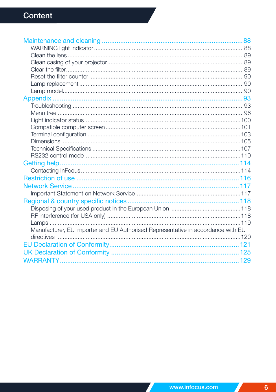 Content | InFocus IN1026 Advanced 4200-Lumen WXGA 3LCD Projector User Manual | Page 6 / 131