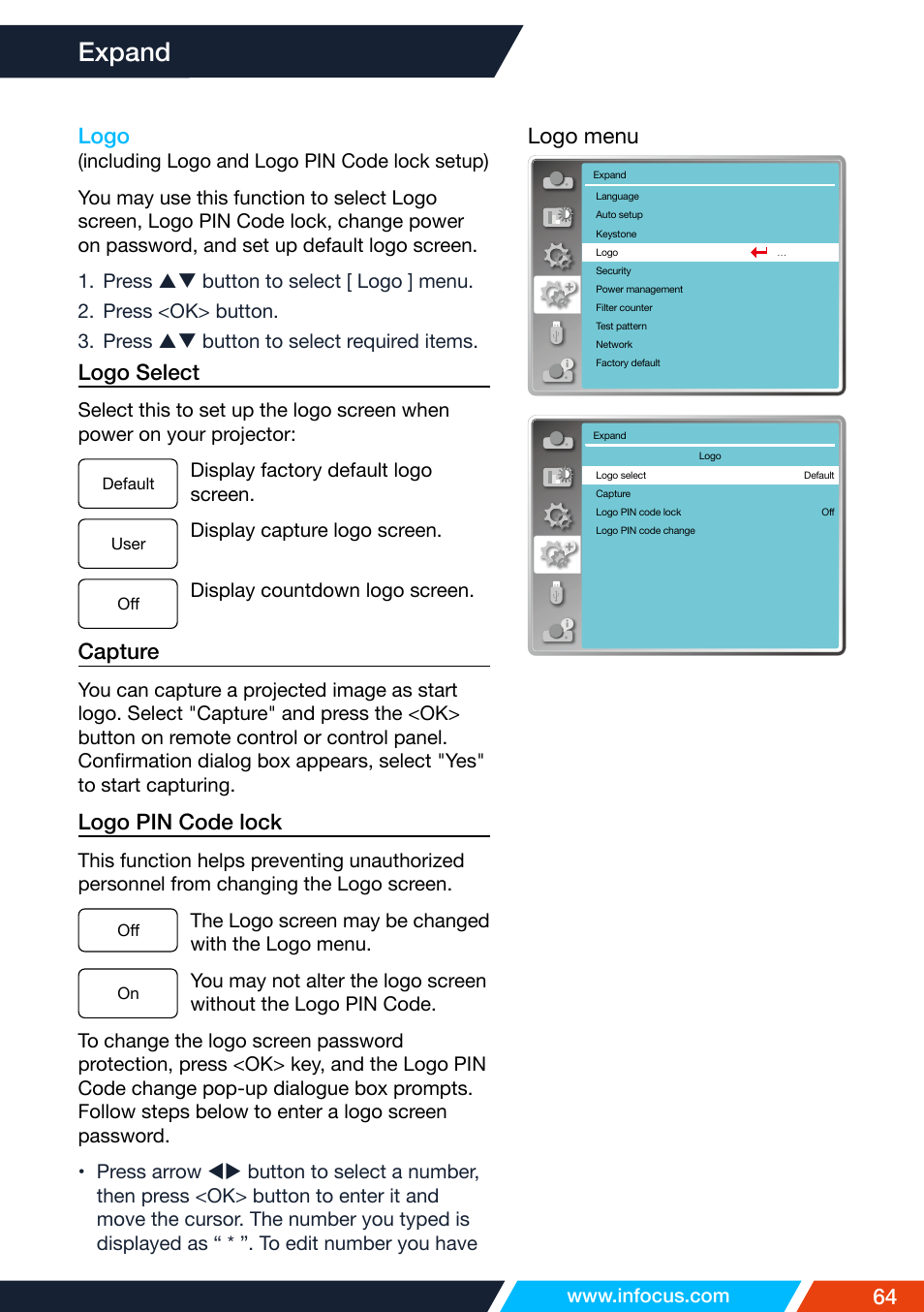 Logo, Expand, 64 logo | Logo select, Capture, Logo pin code lock, Logo menu | InFocus IN1026 Advanced 4200-Lumen WXGA 3LCD Projector User Manual | Page 64 / 131