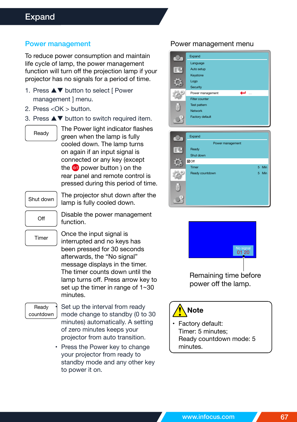 Power management, Expand, 67 remaining time before power off the lamp | Power management menu | InFocus IN1026 Advanced 4200-Lumen WXGA 3LCD Projector User Manual | Page 67 / 131