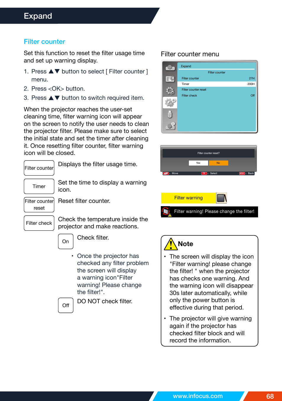 Filter counter, Expand, 68 filter counter | Filter counter menu | InFocus IN1026 Advanced 4200-Lumen WXGA 3LCD Projector User Manual | Page 68 / 131