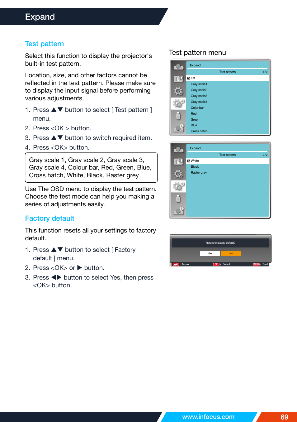 Test pattern, Factory default, Expand | 69 test pattern, Test pattern menu | InFocus IN1026 Advanced 4200-Lumen WXGA 3LCD Projector User Manual | Page 69 / 131