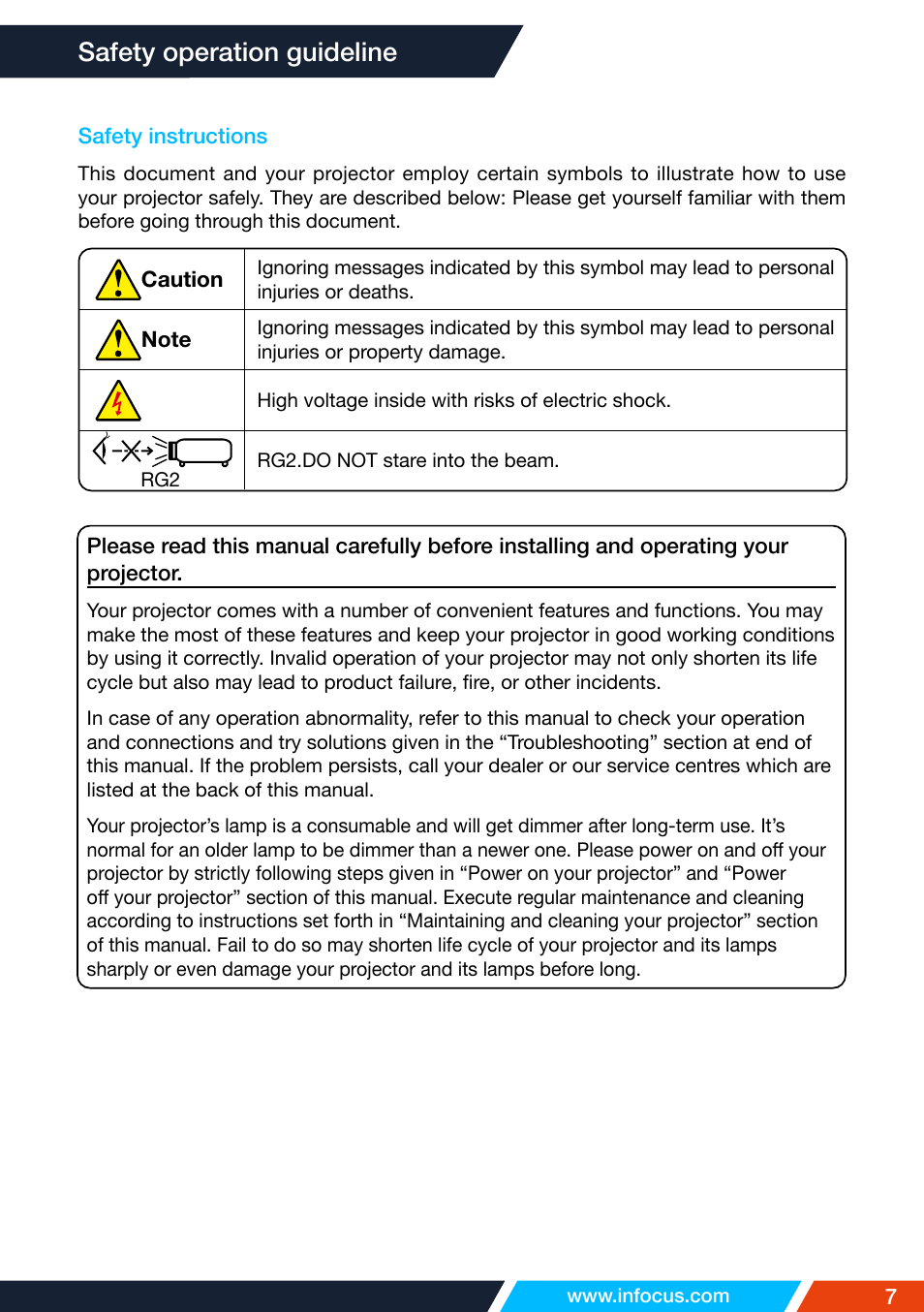 Safety operation guideline, Safety instructions | InFocus IN1026 Advanced 4200-Lumen WXGA 3LCD Projector User Manual | Page 7 / 131