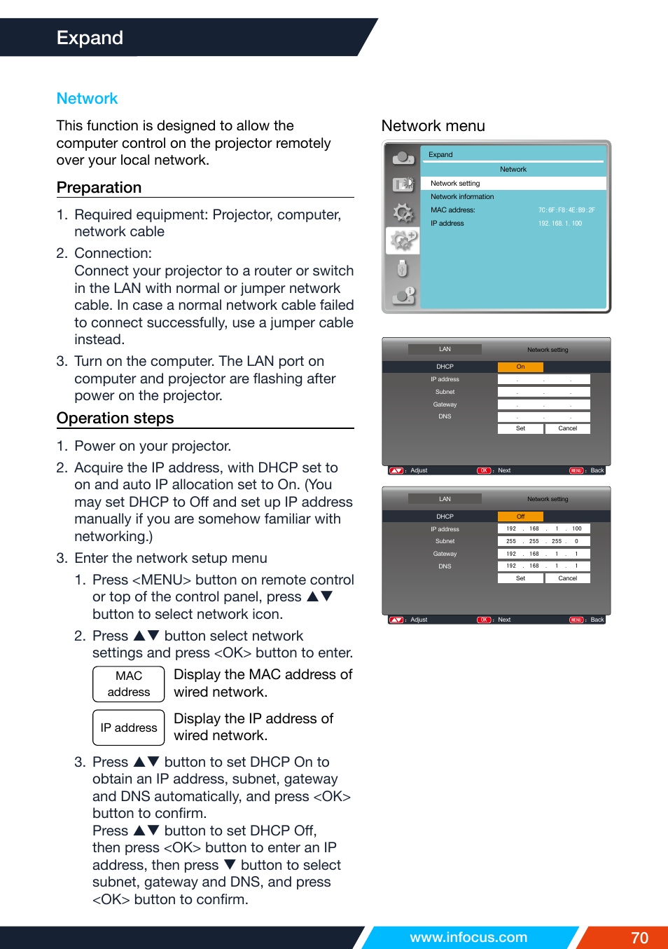 Network, Expand, Network menu network | Preparation, Operation steps | InFocus IN1026 Advanced 4200-Lumen WXGA 3LCD Projector User Manual | Page 70 / 131