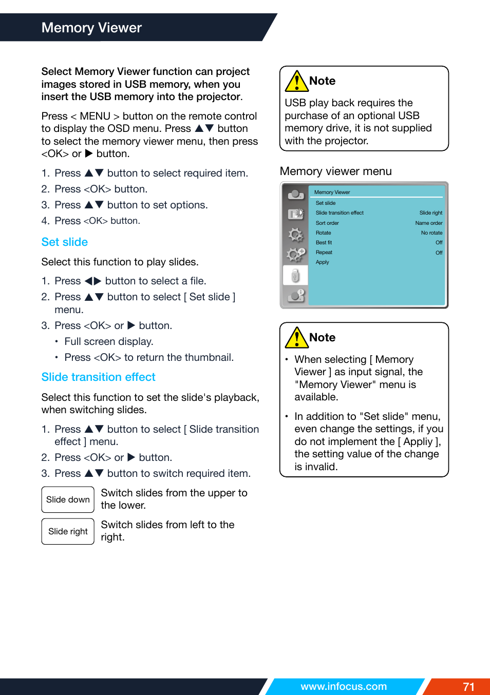 Memory viewer, Set slide, Slide transition effect | InFocus IN1026 Advanced 4200-Lumen WXGA 3LCD Projector User Manual | Page 71 / 131