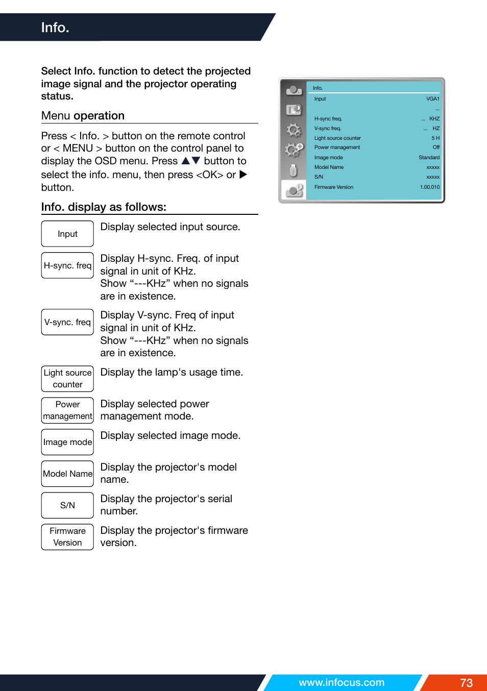 Info, Menu operation, Info. display as follows | InFocus IN1026 Advanced 4200-Lumen WXGA 3LCD Projector User Manual | Page 73 / 131