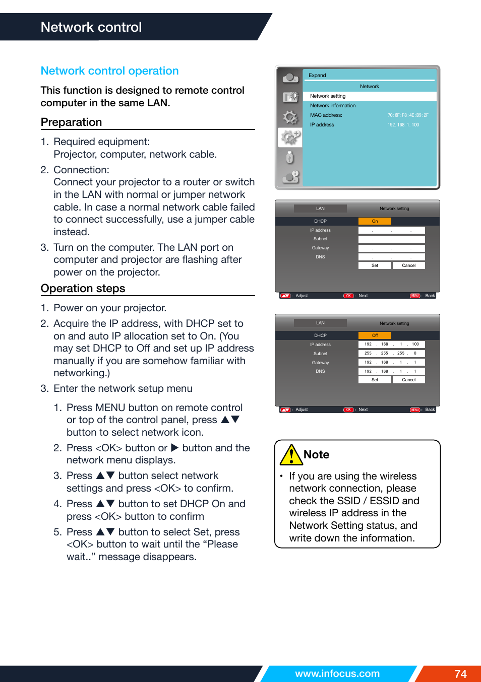 Network control, Network control operation, Preparation | Operation steps | InFocus IN1026 Advanced 4200-Lumen WXGA 3LCD Projector User Manual | Page 74 / 131