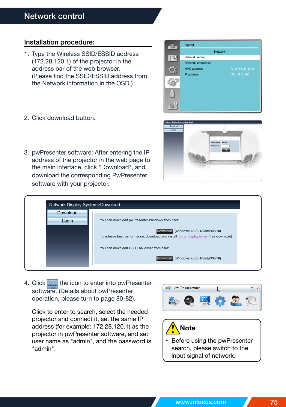 Network control, 75 installation procedure | InFocus IN1026 Advanced 4200-Lumen WXGA 3LCD Projector User Manual | Page 75 / 131