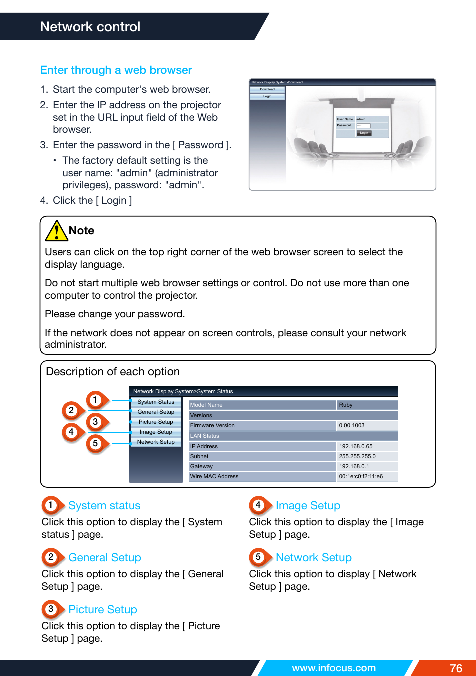 Enter through a web browser, Network control, 76 enter through a web browser | System status, General setup, Picture setup, Description of each option, Image setup, Network setup | InFocus IN1026 Advanced 4200-Lumen WXGA 3LCD Projector User Manual | Page 76 / 131