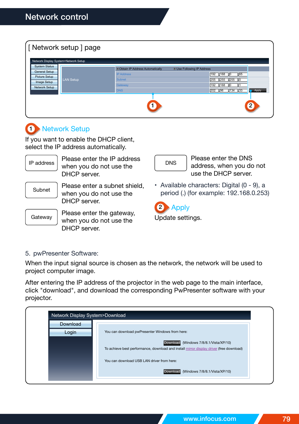 Network control, Network setup, Network setup ] page | Apply, Update settings | InFocus IN1026 Advanced 4200-Lumen WXGA 3LCD Projector User Manual | Page 79 / 131