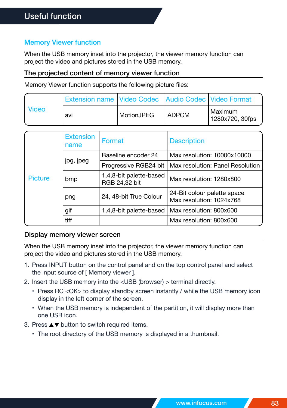 Useful function, Memory viewer function | InFocus IN1026 Advanced 4200-Lumen WXGA 3LCD Projector User Manual | Page 83 / 131