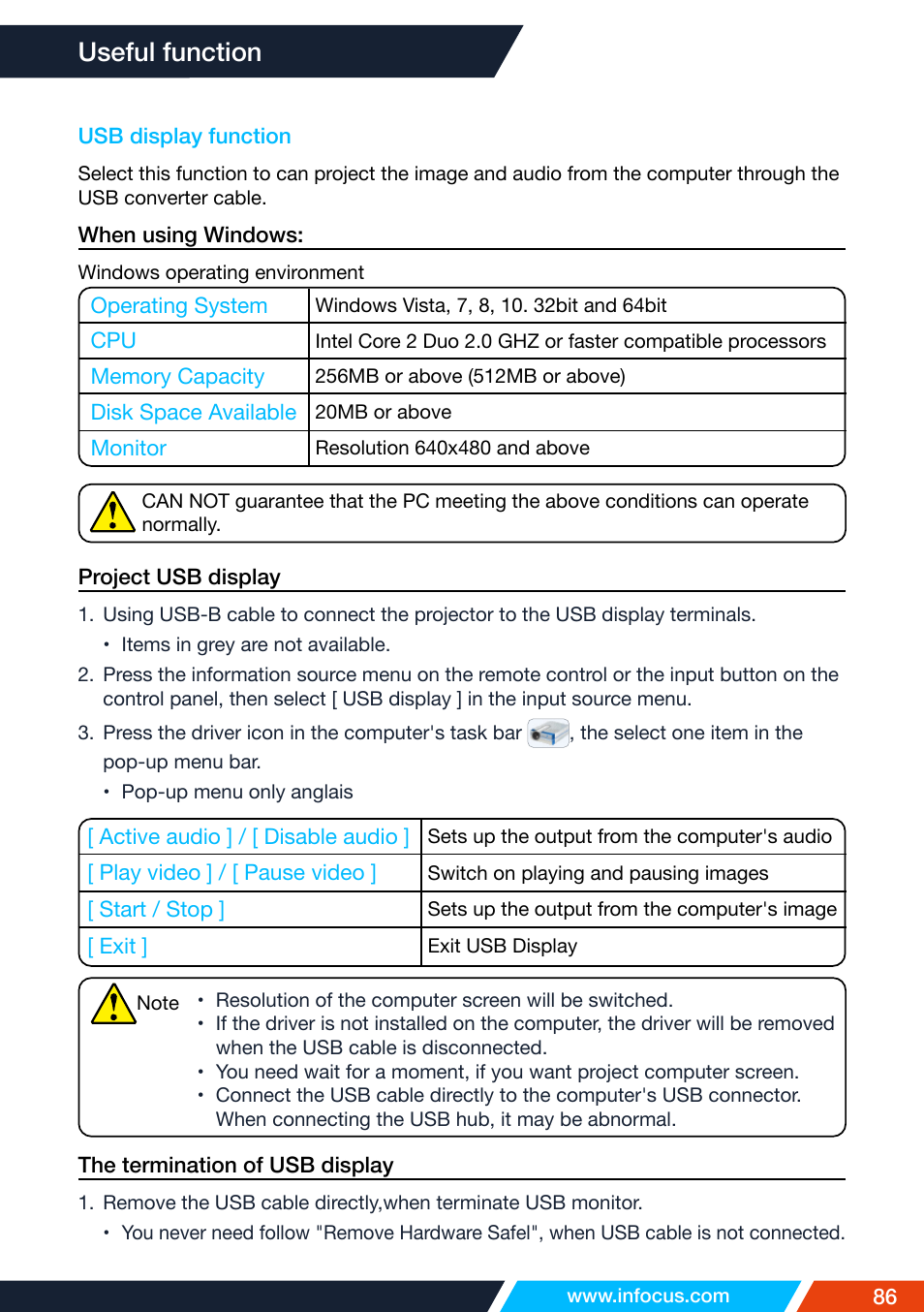 Usb display function, Useful function | InFocus IN1026 Advanced 4200-Lumen WXGA 3LCD Projector User Manual | Page 86 / 131