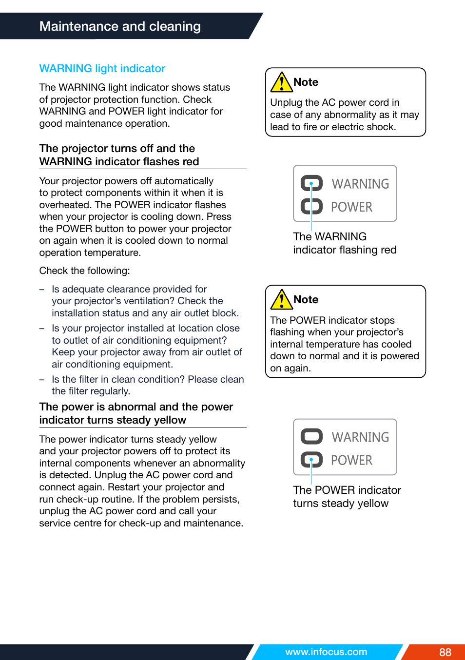 Maintenance and cleaning, Warning light indicator | InFocus IN1026 Advanced 4200-Lumen WXGA 3LCD Projector User Manual | Page 88 / 131