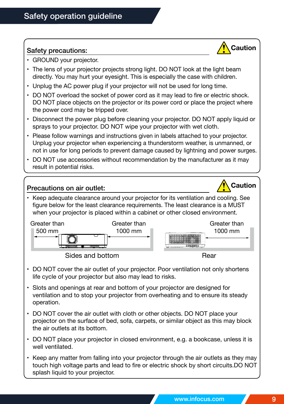Safety operation guideline | InFocus IN1026 Advanced 4200-Lumen WXGA 3LCD Projector User Manual | Page 9 / 131