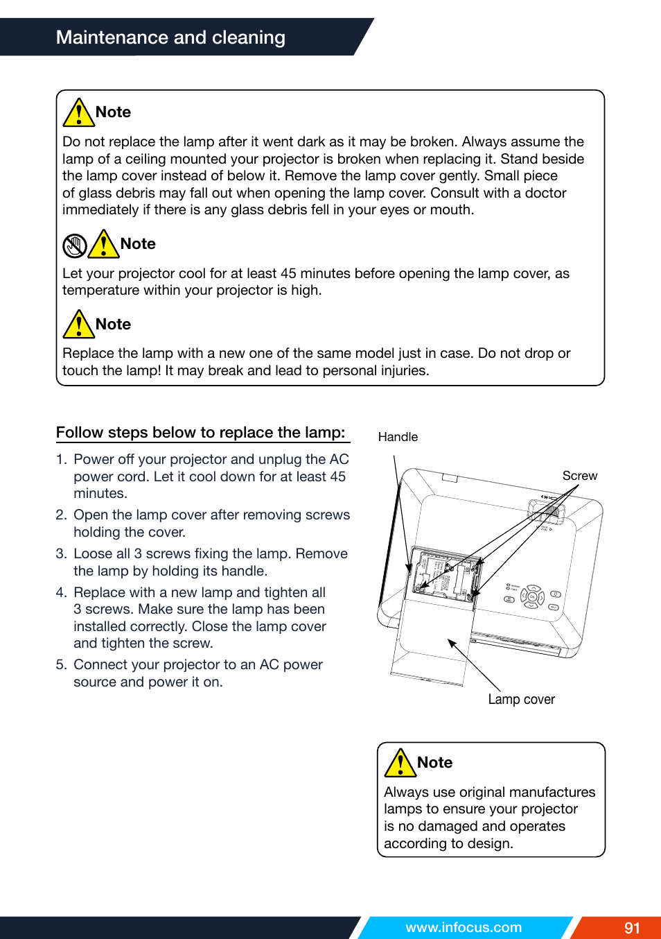 Maintenance and cleaning | InFocus IN1026 Advanced 4200-Lumen WXGA 3LCD Projector User Manual | Page 91 / 131