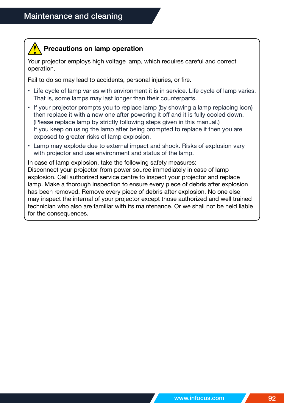 Maintenance and cleaning | InFocus IN1026 Advanced 4200-Lumen WXGA 3LCD Projector User Manual | Page 92 / 131