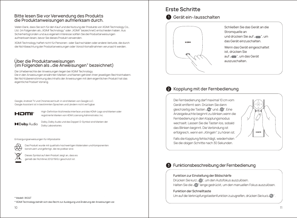Erste schritte | Xgimi MoGo 2 Pro 400-Lumen Full HD Portable DLP Wireless Projector User Manual | Page 10 / 54