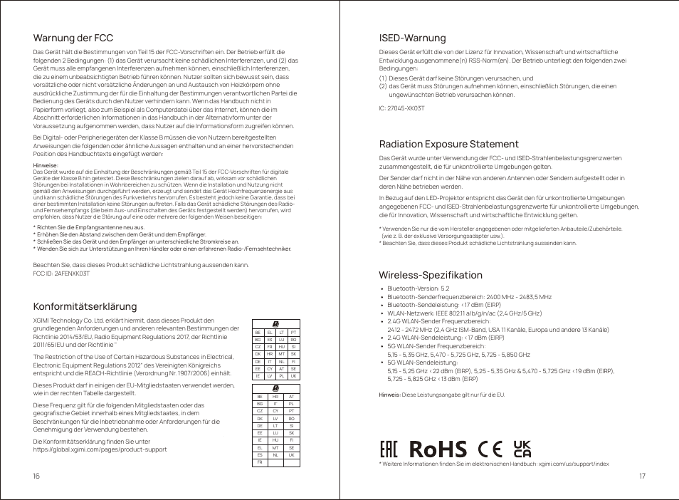 Wireless-spezifikation, Radiation exposure statement, Warnung der fcc | Ised-warnung, Konformitätserklärung | Xgimi MoGo 2 Pro 400-Lumen Full HD Portable DLP Wireless Projector User Manual | Page 13 / 54
