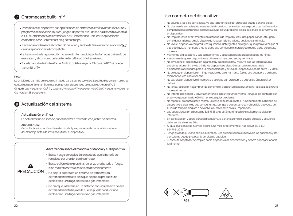 Chromecast built-in, Precaución, Actualización del sistema | Uso correcto del dispositivo | Xgimi MoGo 2 Pro 400-Lumen Full HD Portable DLP Wireless Projector User Manual | Page 16 / 54
