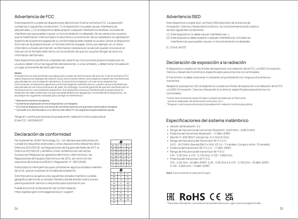 Especificaciones del sistema inalámbrico, Declaración de exposición a la radiación, Advertencia de fcc | Advertencia ised, Declaración de conformidad | Xgimi MoGo 2 Pro 400-Lumen Full HD Portable DLP Wireless Projector User Manual | Page 17 / 54