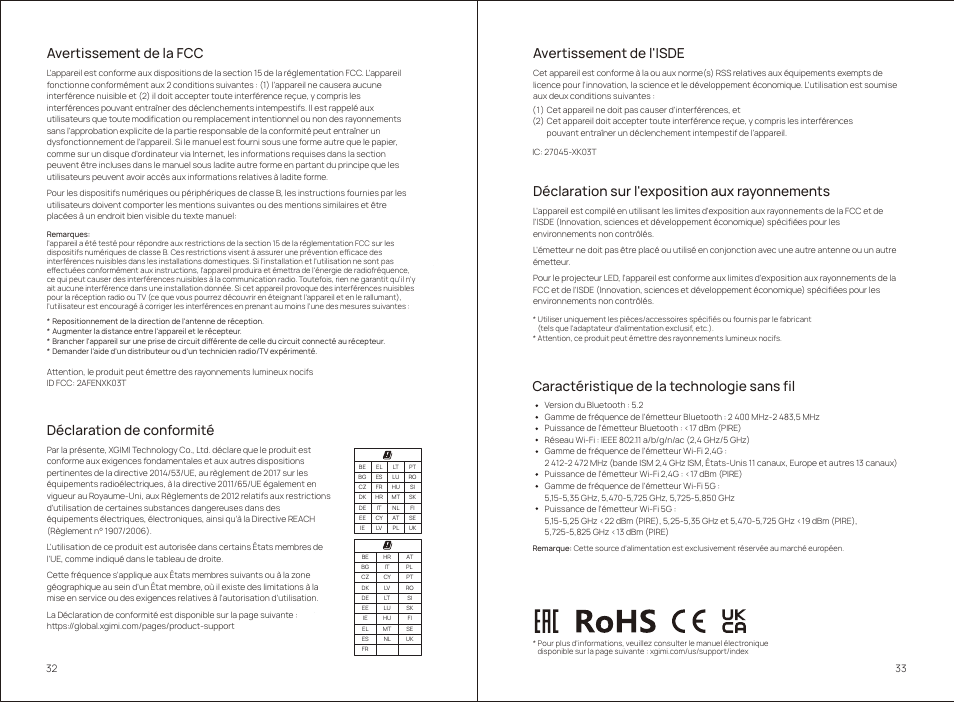 Caractéristique de la technologie sans fil, Déclaration sur l'exposition aux rayonnements, Avertissement de la fcc | Avertissement de l'isde, Déclaration de conformité | Xgimi MoGo 2 Pro 400-Lumen Full HD Portable DLP Wireless Projector User Manual | Page 21 / 54