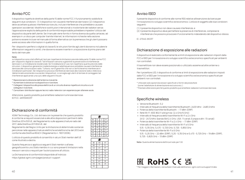 Dichiarazione di esposizione alle radiazioni, Avviso fcc, Avviso ised | Dichiarazione di conformità, Specifiche wireless | Xgimi MoGo 2 Pro 400-Lumen Full HD Portable DLP Wireless Projector User Manual | Page 25 / 54