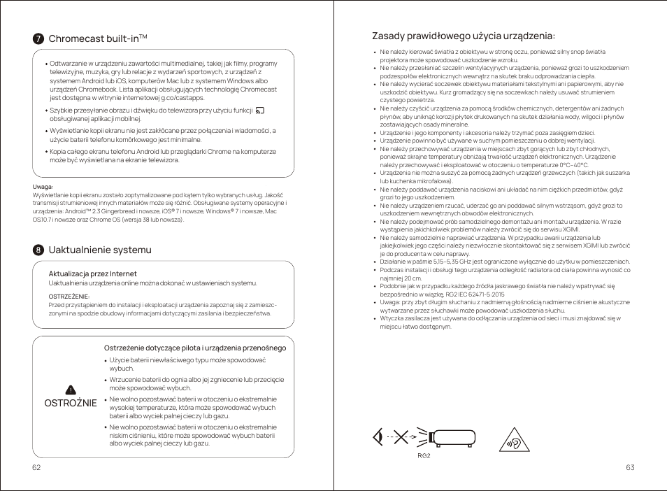 Chromecast built-in, Ostrożnie | Xgimi MoGo 2 Pro 400-Lumen Full HD Portable DLP Wireless Projector User Manual | Page 36 / 54