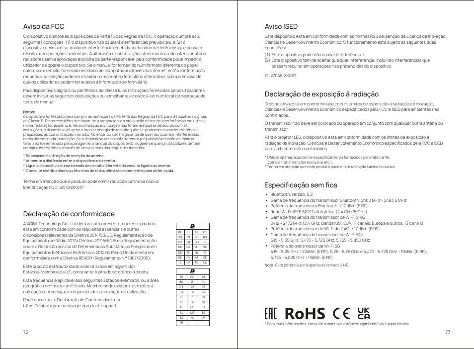Aviso da fcc, Aviso ised, Declaração de conformidade | Declaração de exposição à radiação, Especificação sem fios | Xgimi MoGo 2 Pro 400-Lumen Full HD Portable DLP Wireless Projector User Manual | Page 41 / 54