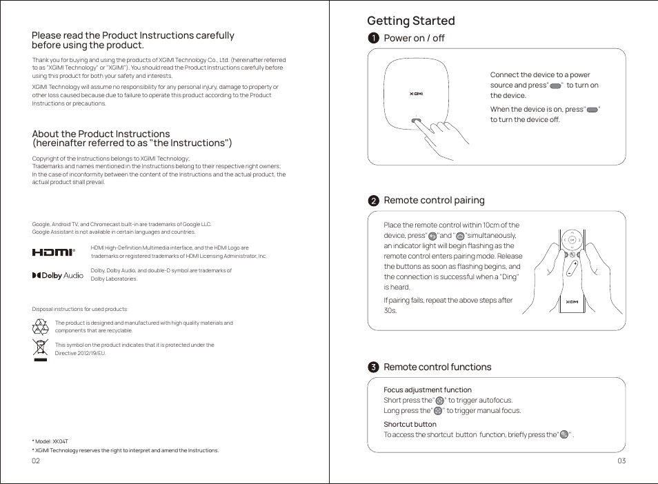 Getting started, Remote control pairing, Power on / off remote control functions | Xgimi MoGo 2 Pro 400-Lumen Full HD Portable DLP Wireless Projector User Manual | Page 6 / 54