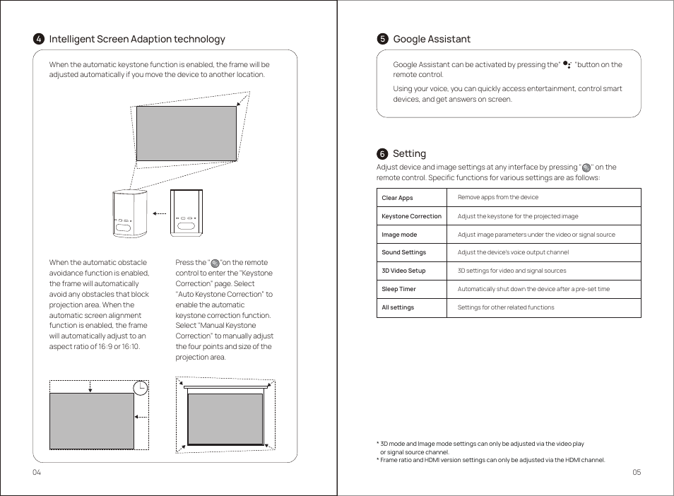 Google assistant, Setting, Intelligent screen adaption technology | Xgimi MoGo 2 Pro 400-Lumen Full HD Portable DLP Wireless Projector User Manual | Page 7 / 54